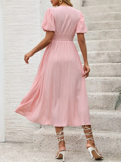 v-neck-puff-sleeve-dress OhSoStyled at Sophia's Style-2